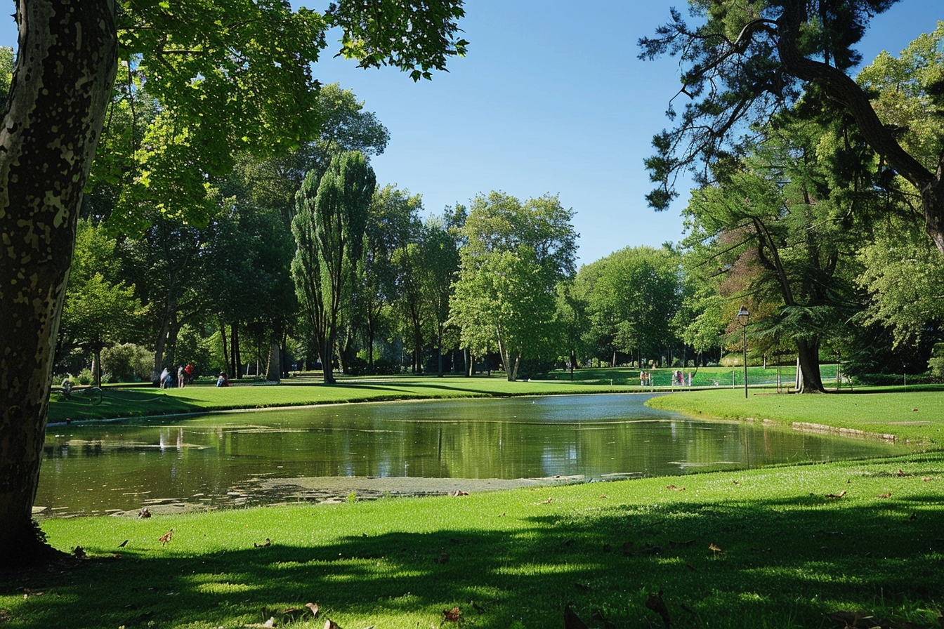 Vue panoramique d'un parc verdoyant avec familles et joggeurs profitant des espaces verts à Levallois-Perret