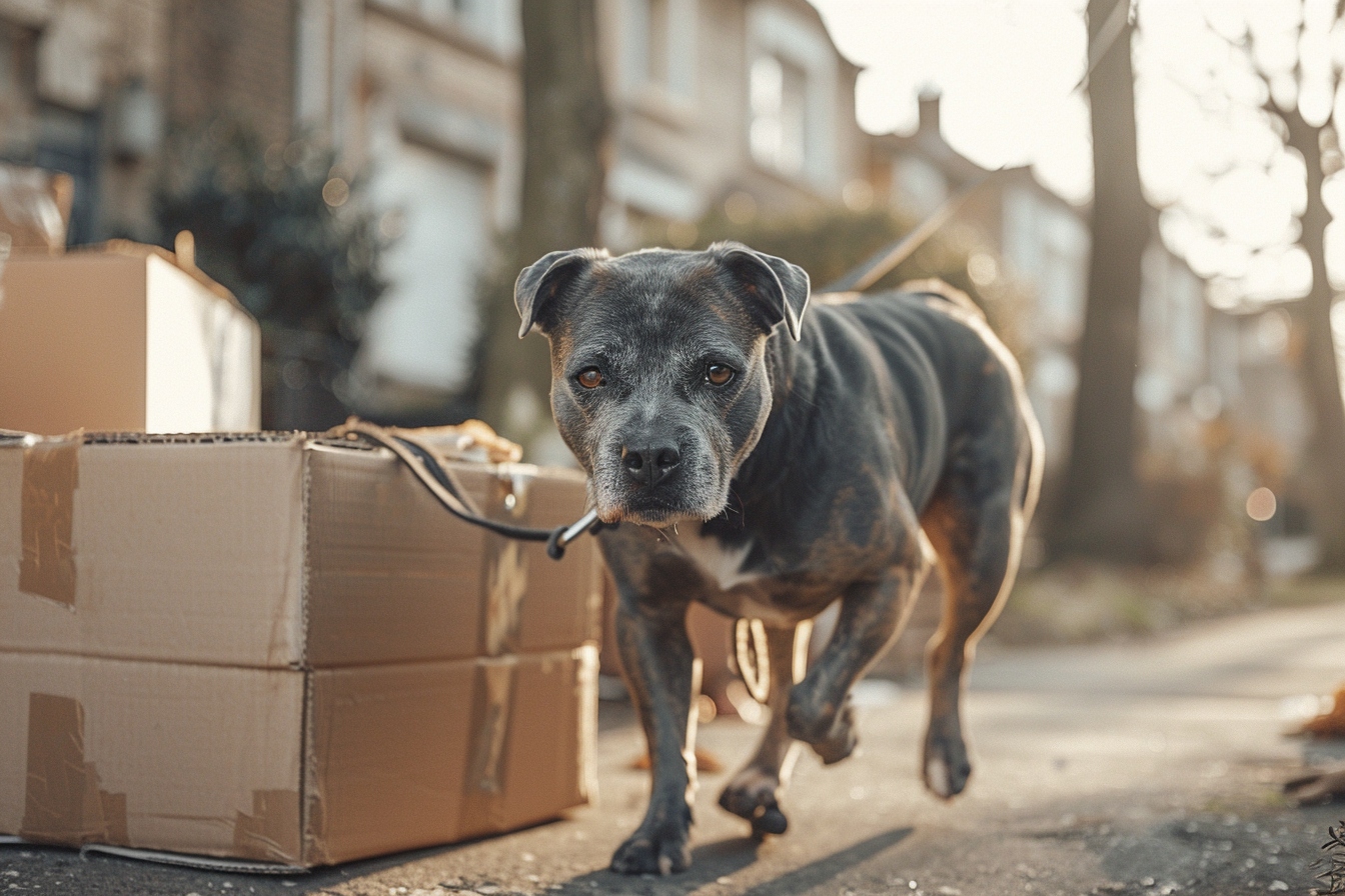 Vieux chien profitant d'une promenade en toute tranquillité à Levallois-Perret lors d'un déménagement.