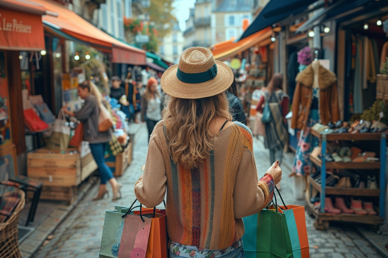 Rue commerçante animée à Levallois-Perret avec des passants portant des sacs de shopping