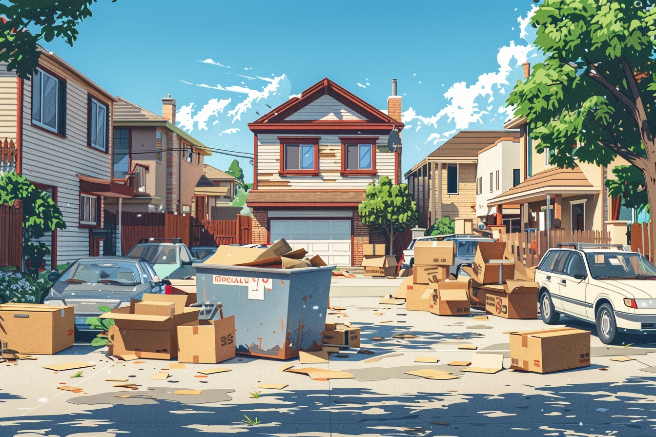 Rue résidentielle avec cartons de déménagement éparpillés.